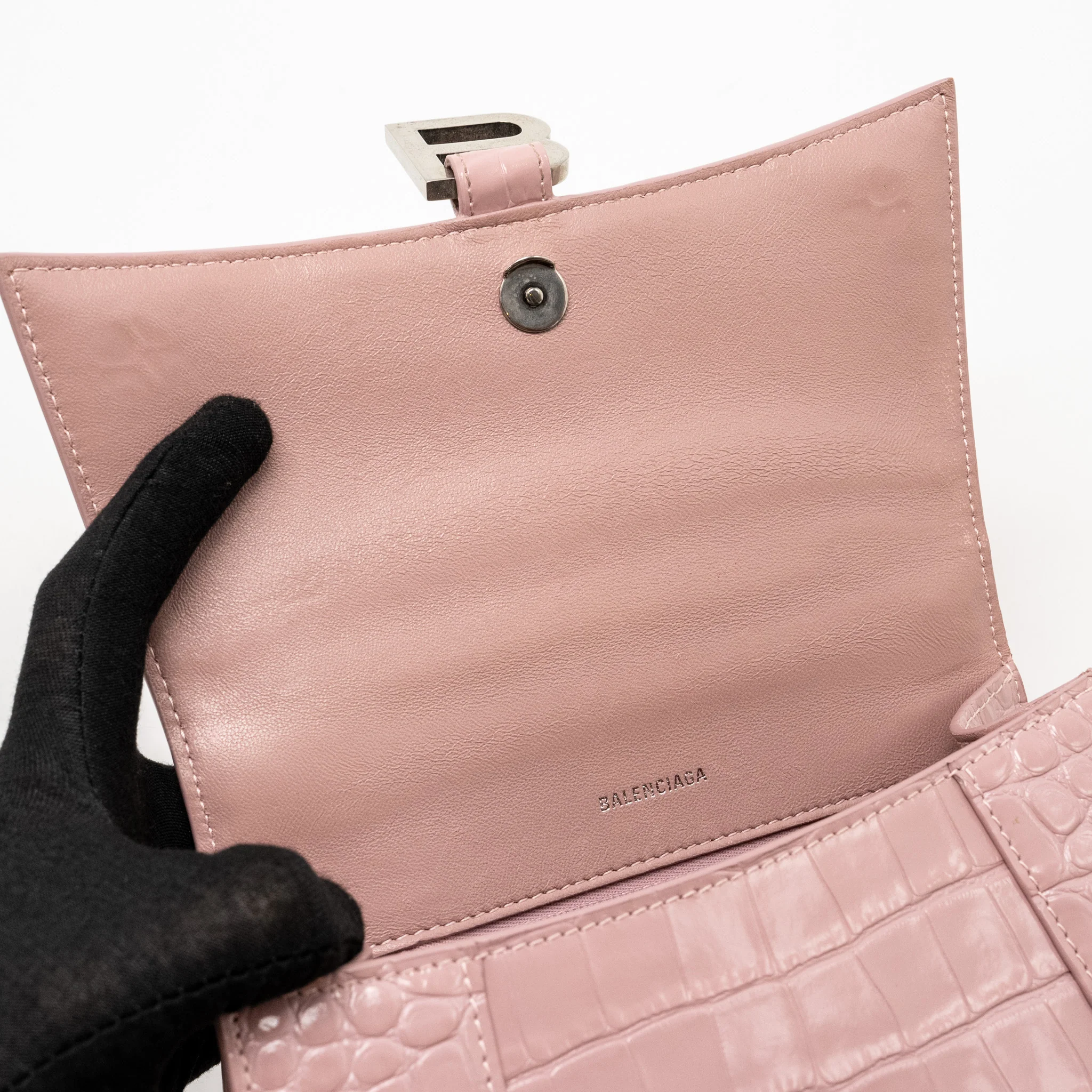 Balenciaga Hourglass S Croc-Embossed Calfskin Pink SHW - Image 14