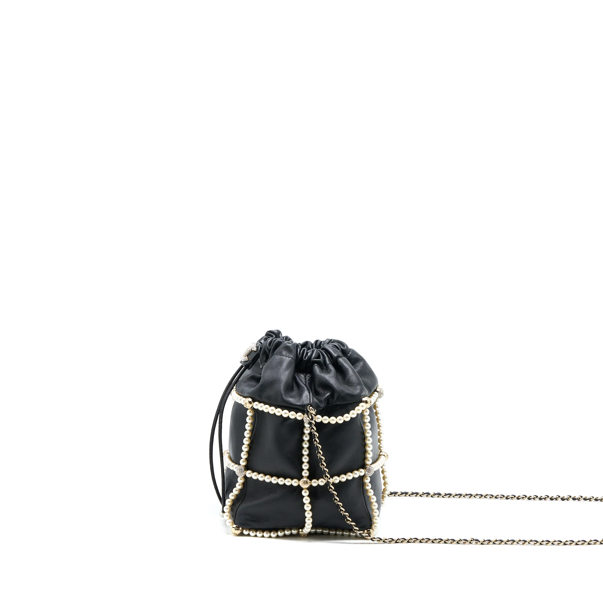 Chanel Bucket Crystal CC Logo Pearl Chain Bag Lambskin Black SHW - Image 3