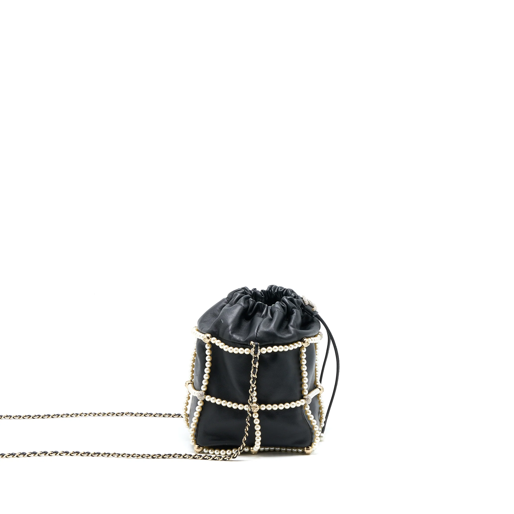 Chanel Bucket Crystal CC Logo Pearl Chain Bag Lambskin Black SHW - Image 4