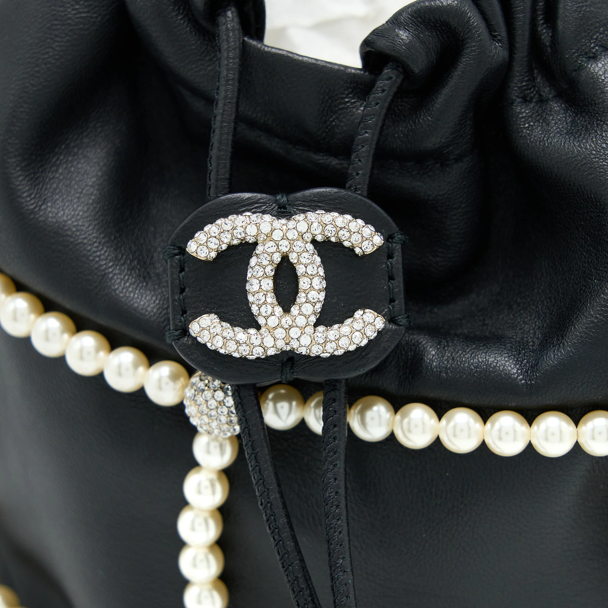 Chanel Bucket Crystal CC Logo Pearl Chain Bag Lambskin Black SHW - Image 7