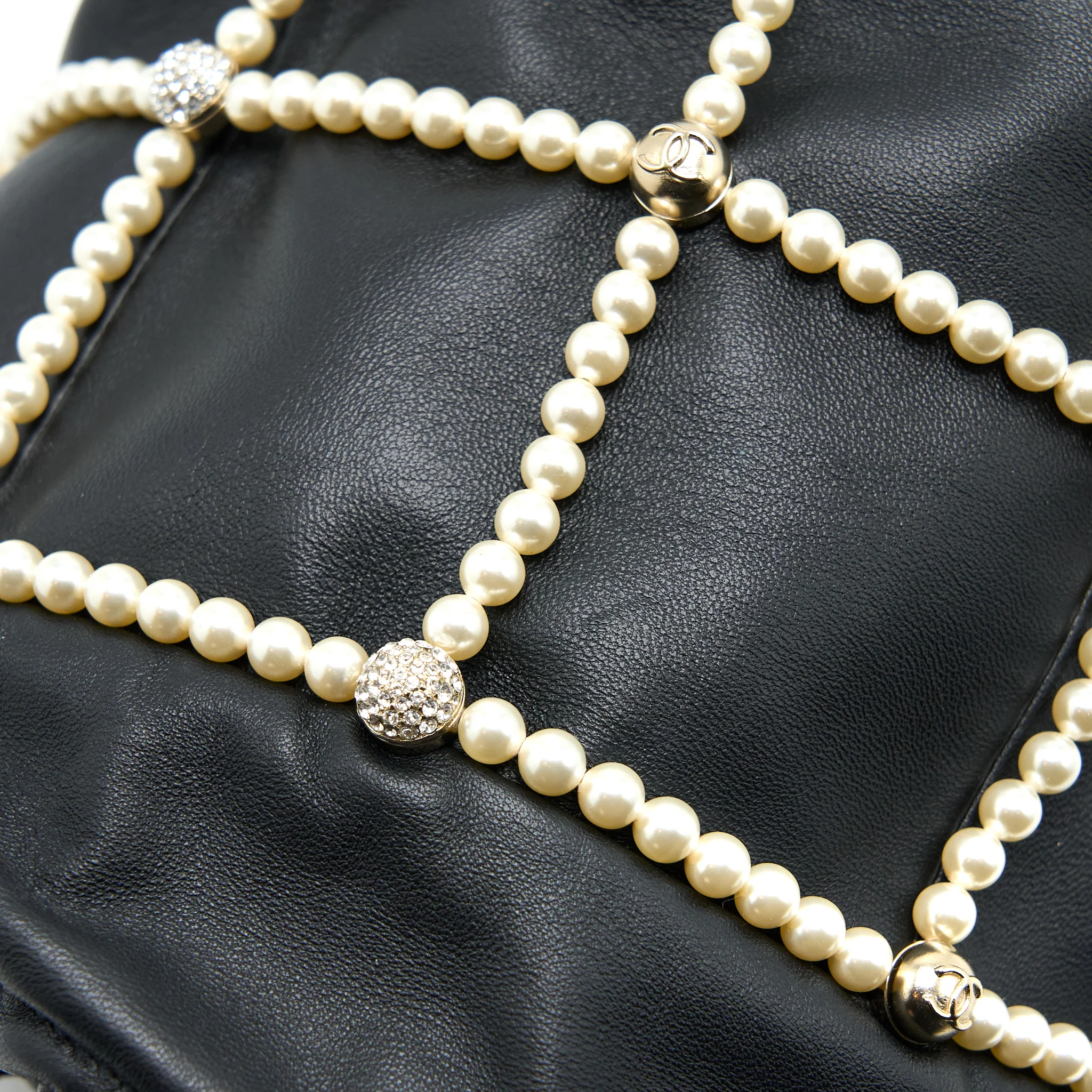 Chanel Bucket Crystal CC Logo Pearl Chain Bag Lambskin Black SHW - Image 8