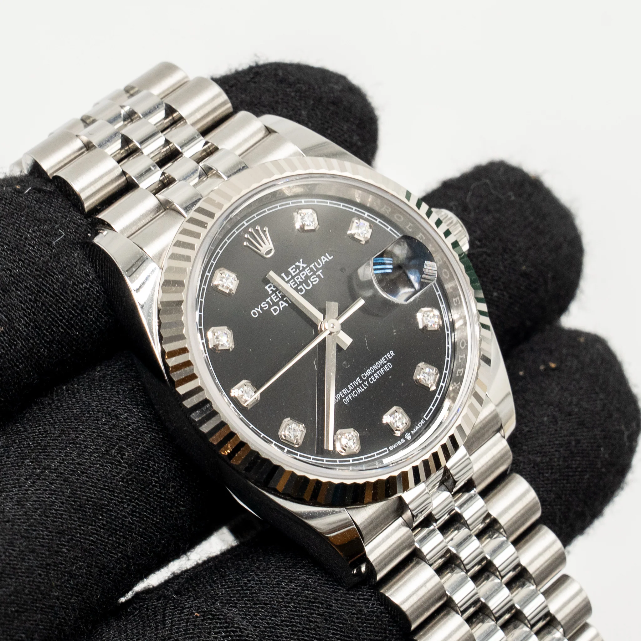 Rolex Datejust 36 Oyster Perpetual Oystersteel/White Gold, Bright Black Set with Diamonds Dial, Jubilee Bracelet, Model 126234-0027 - Image 5